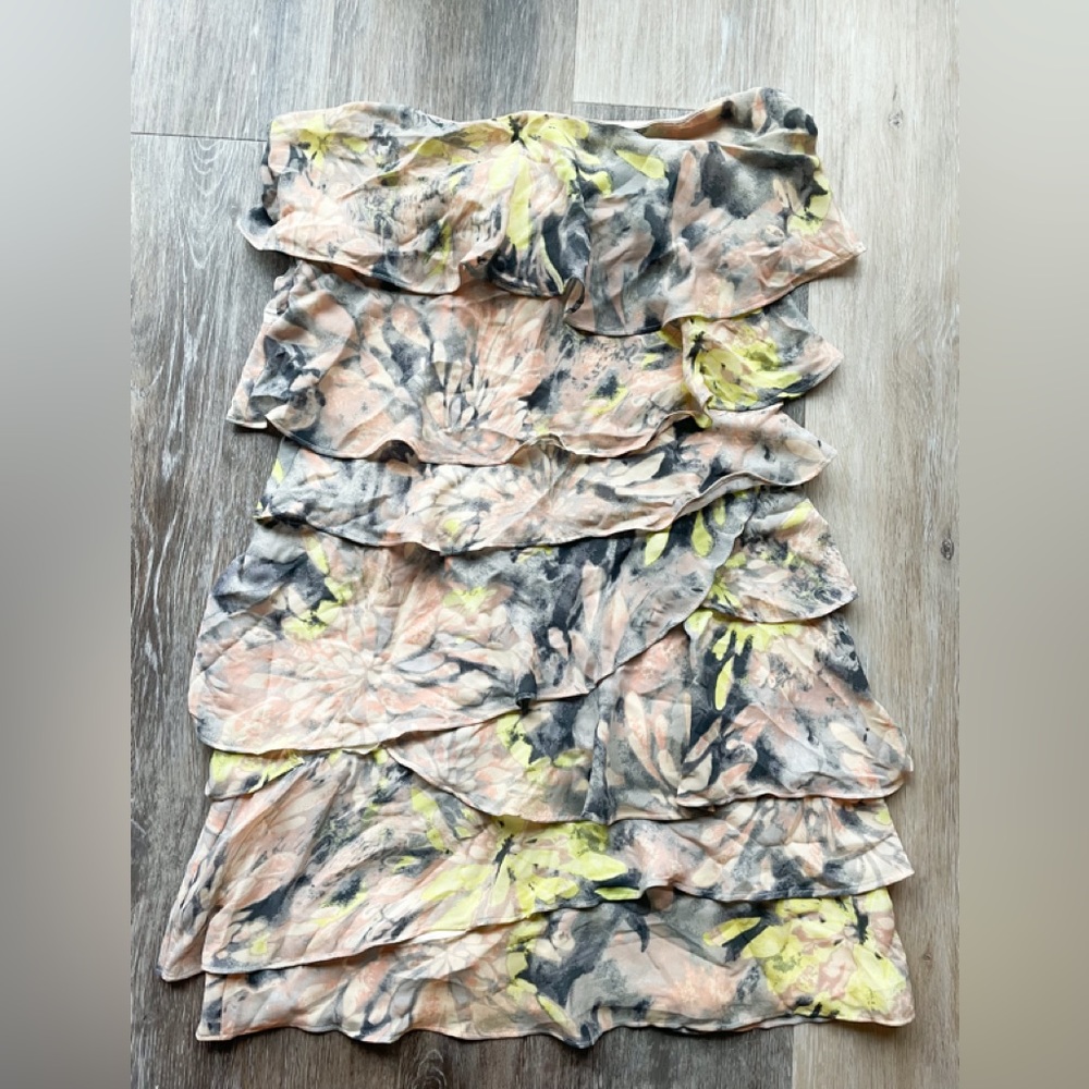 BCBGMaxazria tiered ruffle floral mini gray green pink peach strapless dress